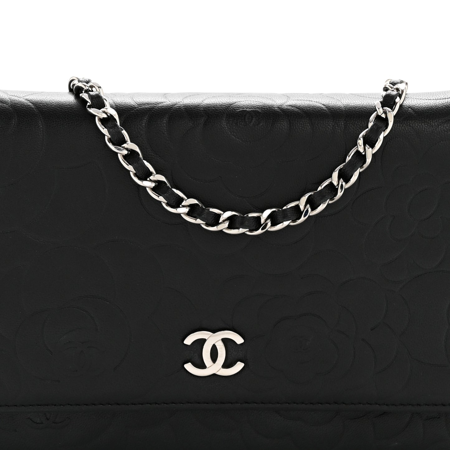 Lambskin Camellia Embossed Wallet On Chain WOC Black