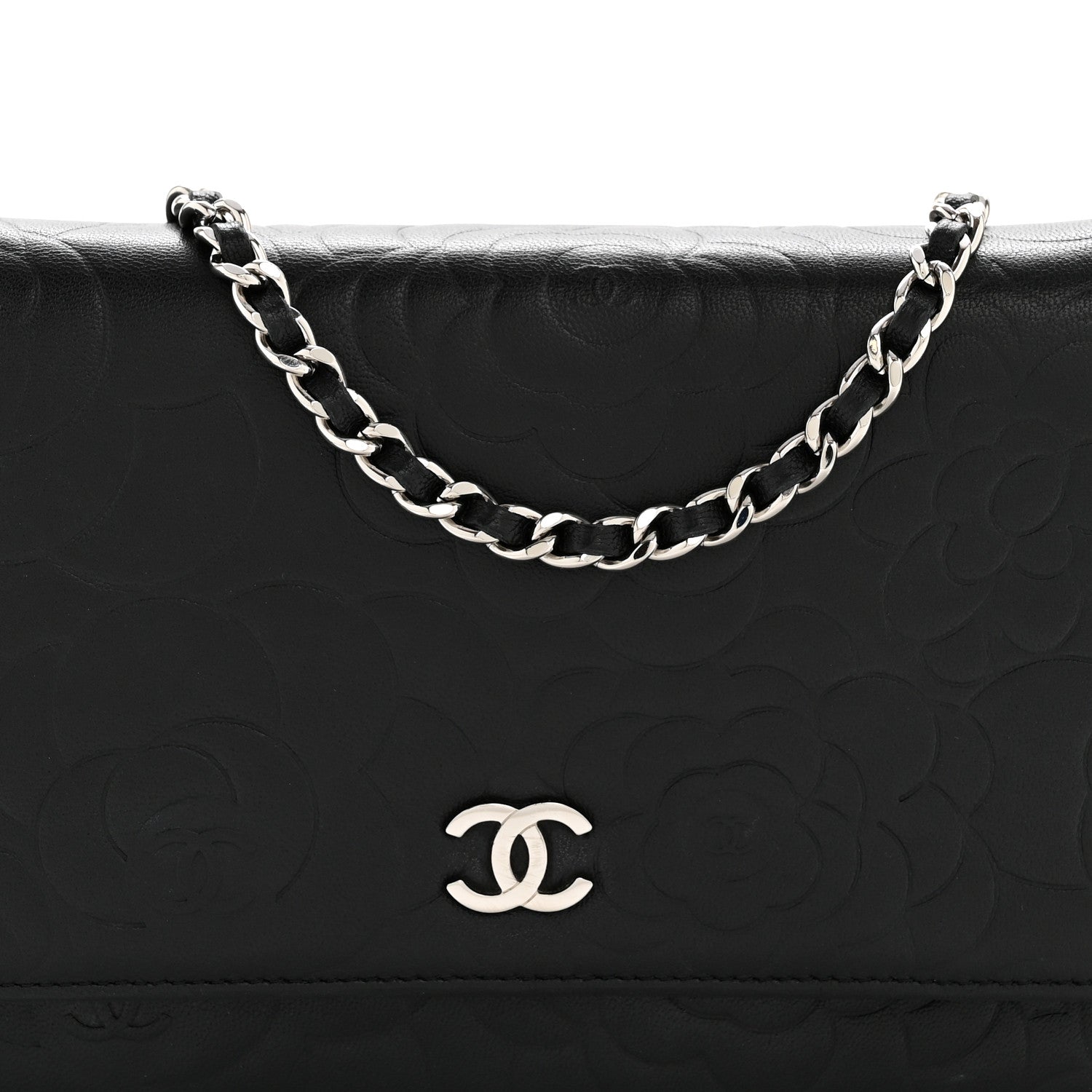 Chanel Lambskin Camellia Embossed Wallet On Chain WOC Black 9 of 14