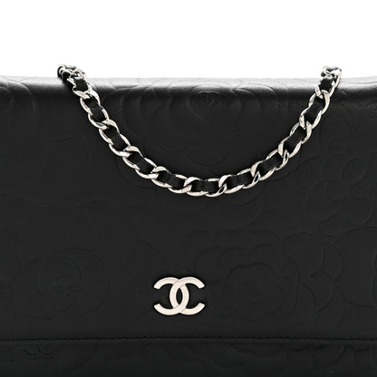 Chanel Lambskin Camellia Embossed Wallet On Chain WOC Black 9 of 14