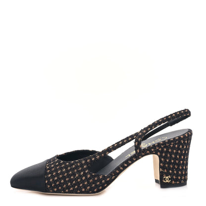 Chanel Sparkly Tweed Grosgrain Cap Toe CC Slingback Pumps 40.5 Black Gold 1 of 8
