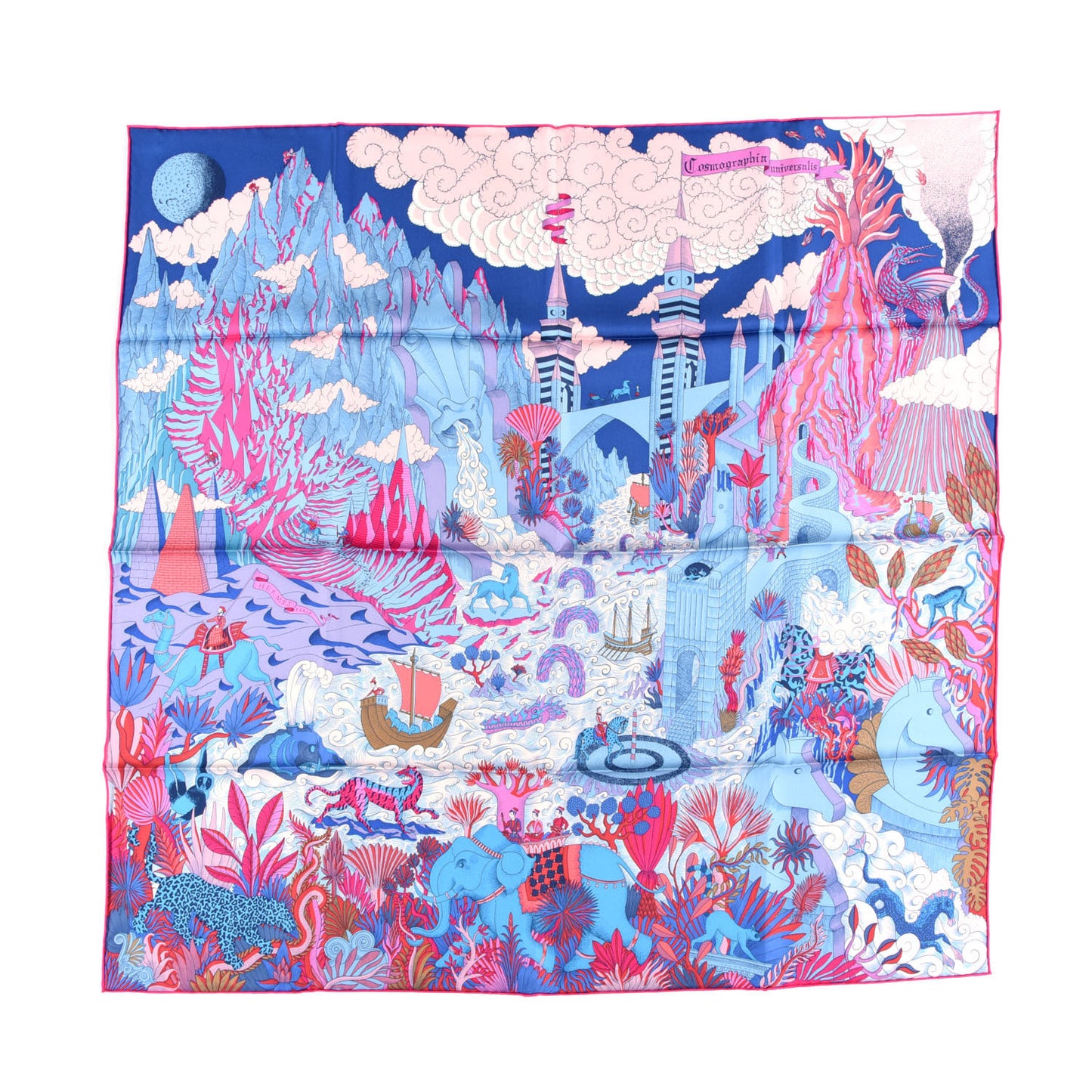 Silk Cosmographia Universalis Scarf 90 Bleu Jean Rose Vif