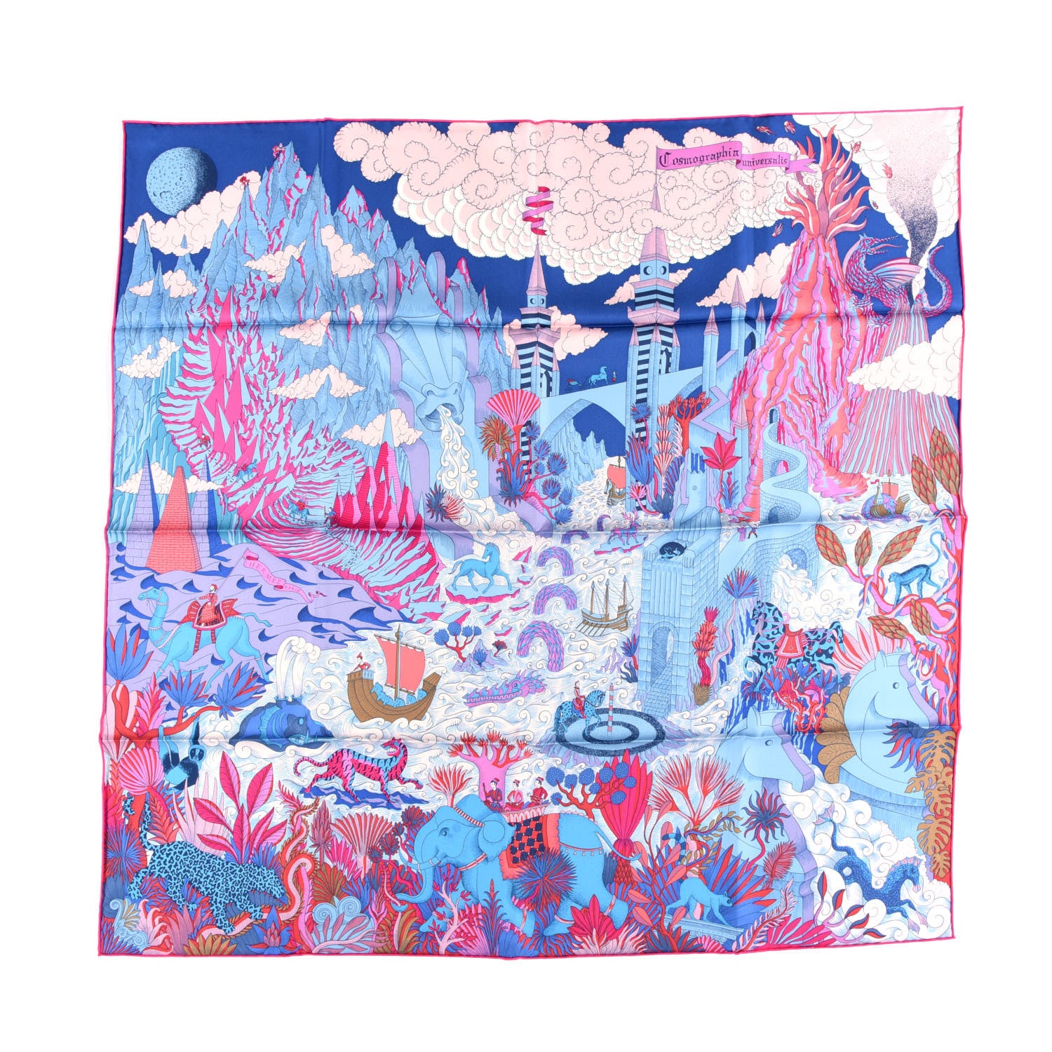 Hermes Silk Cosmographia Universalis Scarf 90 Bleu Jean Rose Vif 1 of 4