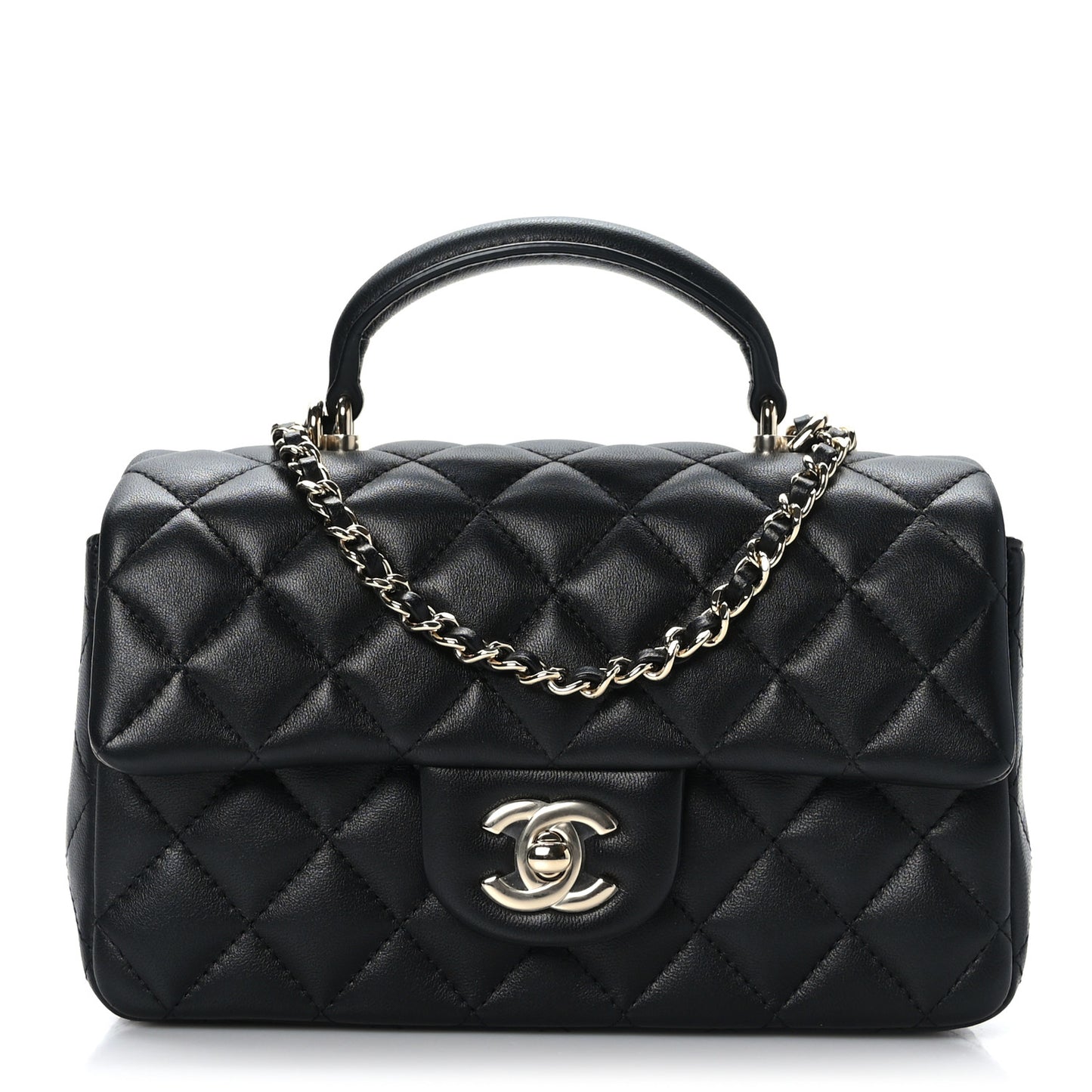 Lambskin Quilted Mini Top Handle Rectangular Flap Black