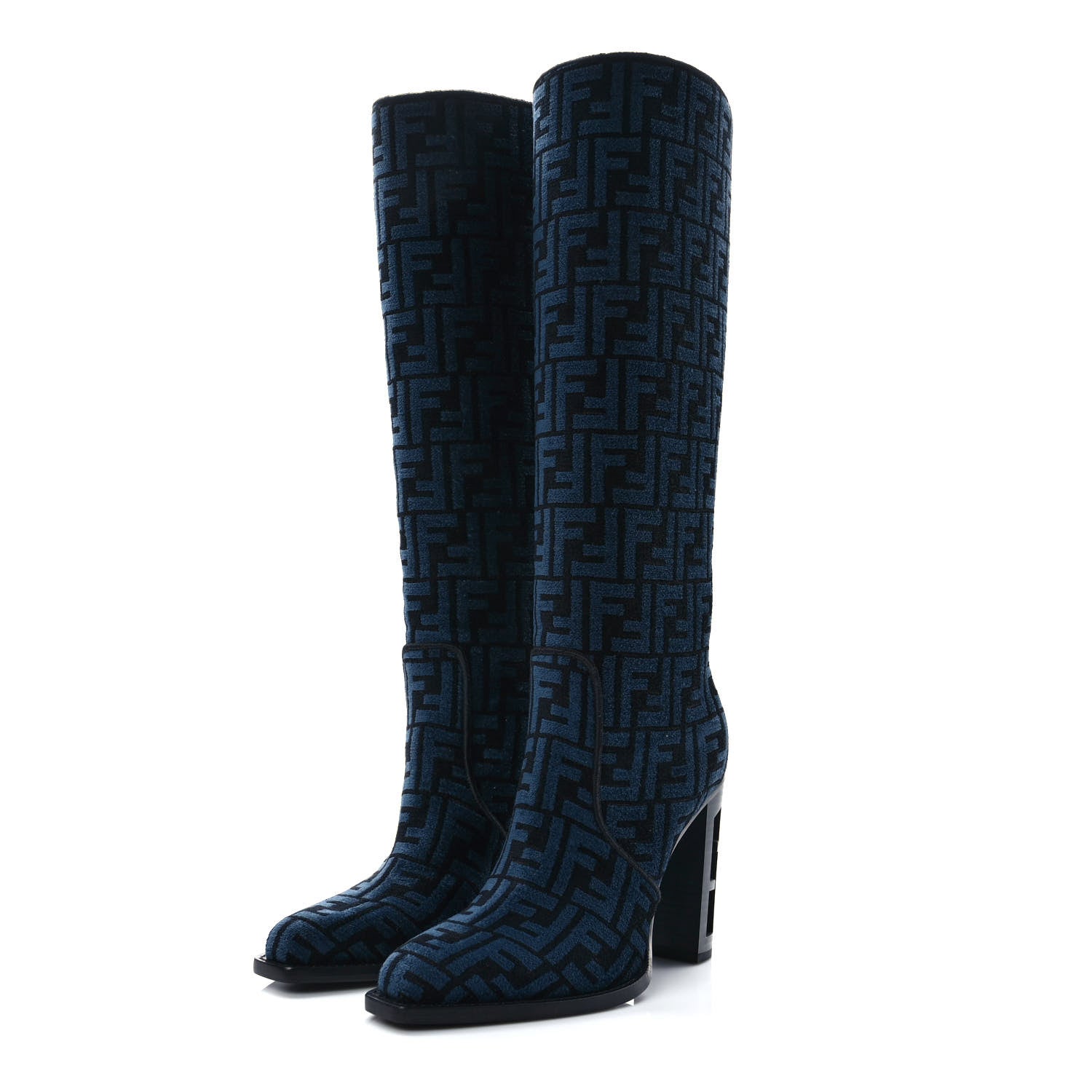 Fendi Chenille Jacquard FF 110mm Knee Boots 39.5 Black Blue 3 of 7