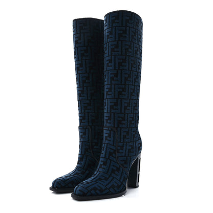 Fendi Chenille Jacquard FF 110mm Knee Boots 39.5 Black Blue 3 of 7