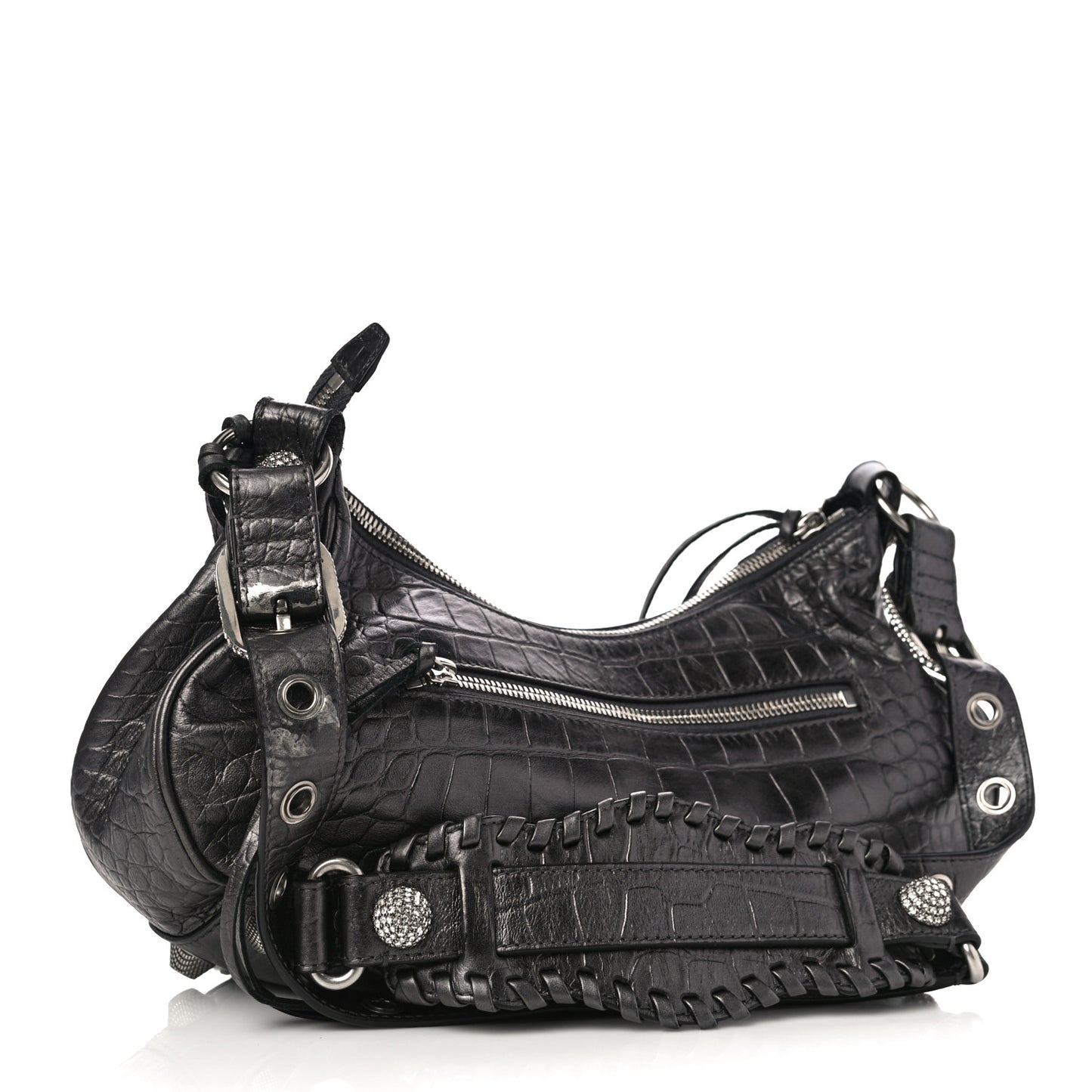 Metallic Calfskin Crocodile Embossed Crystal Small Le Cagole Shoulder Bag Gunmetal