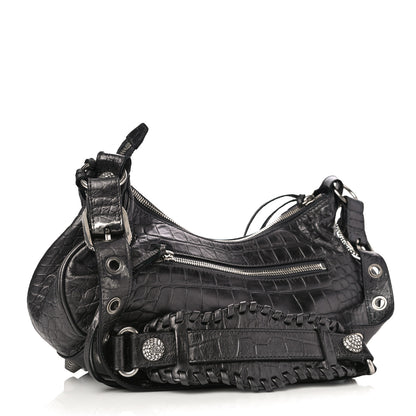 Balenciaga Metallic Calfskin Crocodile Embossed Crystal Small Le Cagole Shoulder Bag Gunmetal 3 of 12