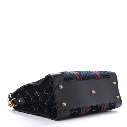 Gucci Velvet GG Monogram Textured Calfskin Web Medium Duffle Bag Blue Beige Black 4 of 11