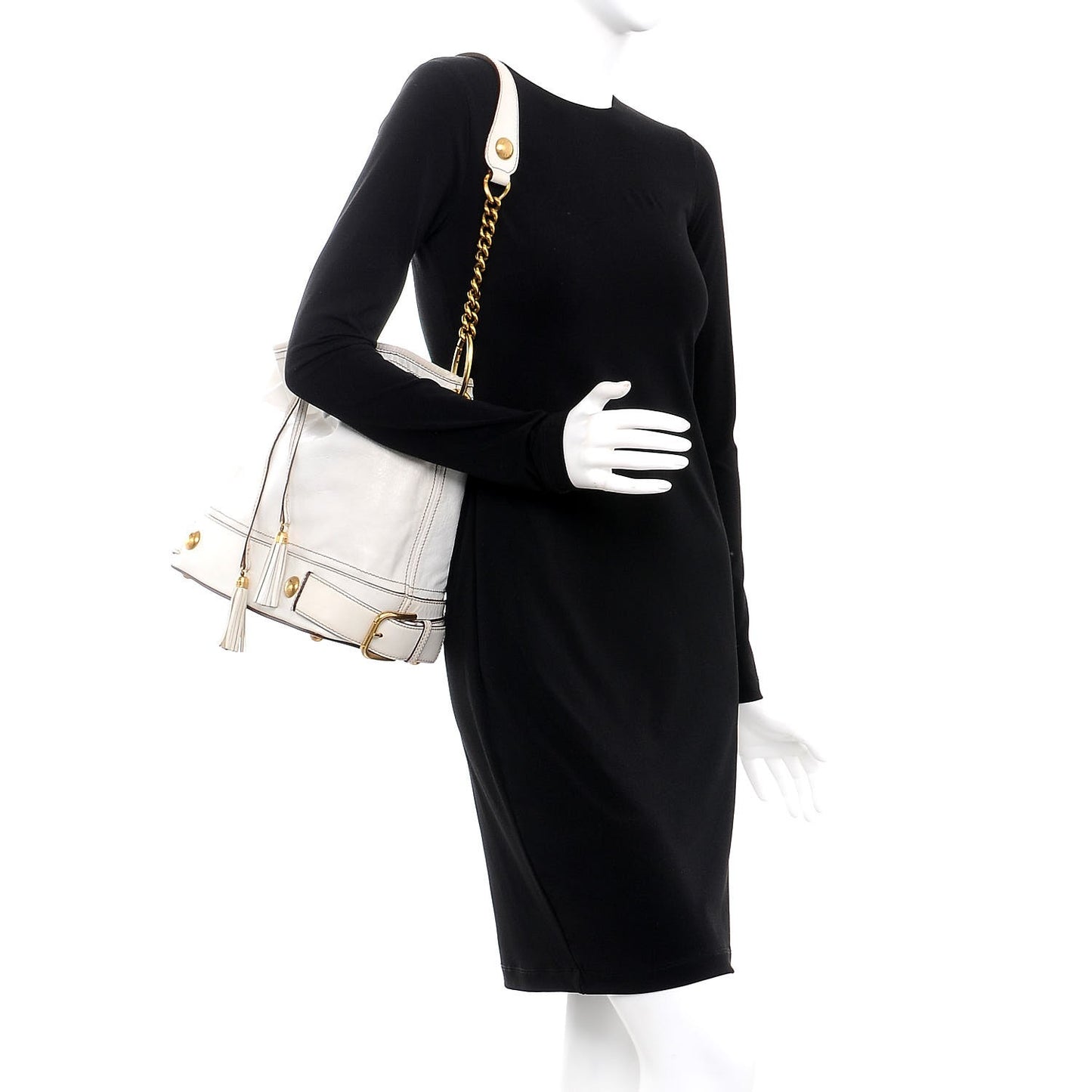 Calfskin Drawstring Bucket Shoulder Bag White