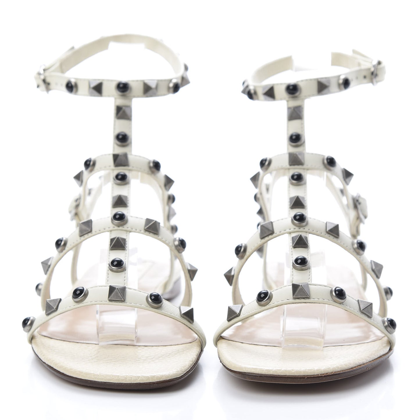 Calfskin Onyx Rockstud Rolling Gladiator Flat Sandals 36.5 Light Ivory