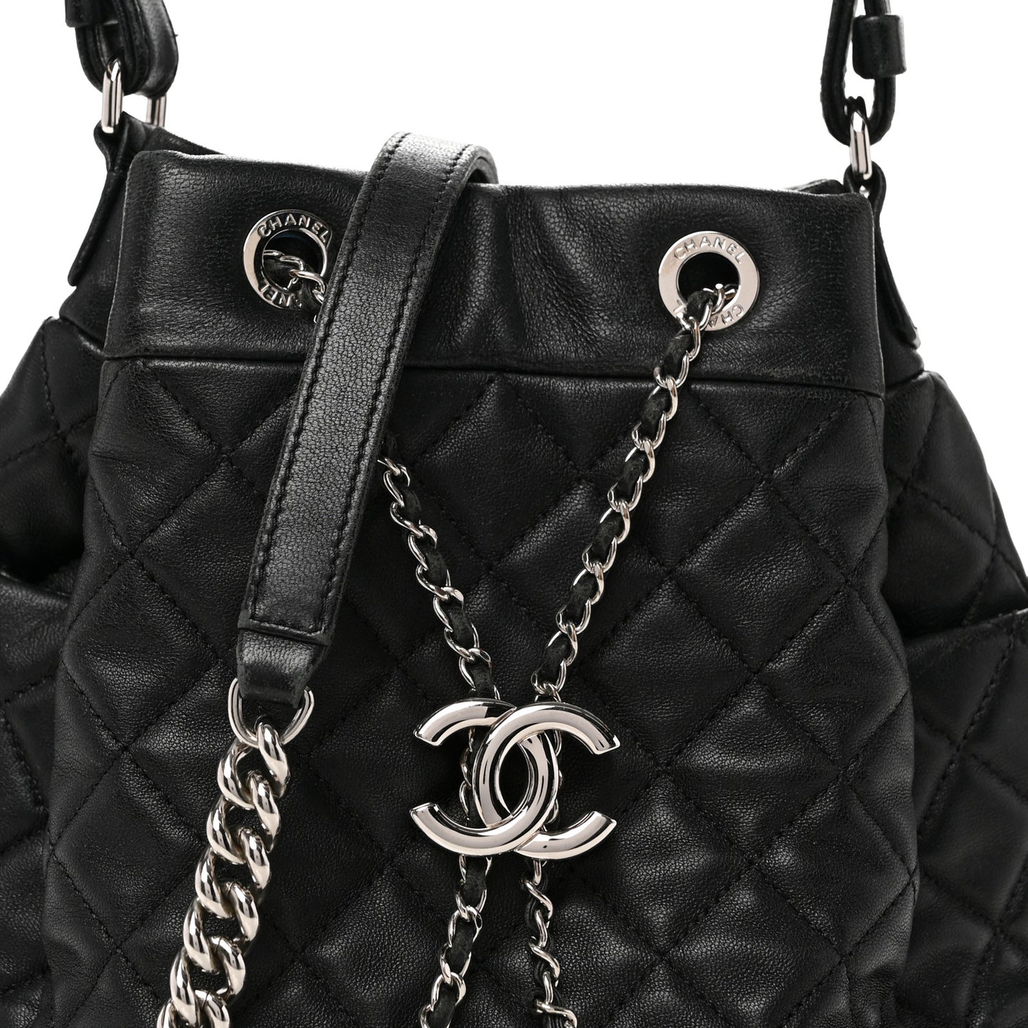 Lambskin Quilted CC Chain Bucket Bag Black Black