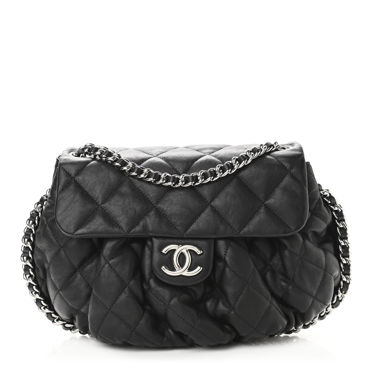 Washed Lambskin Quilted Medium Chain Around Messenger Black