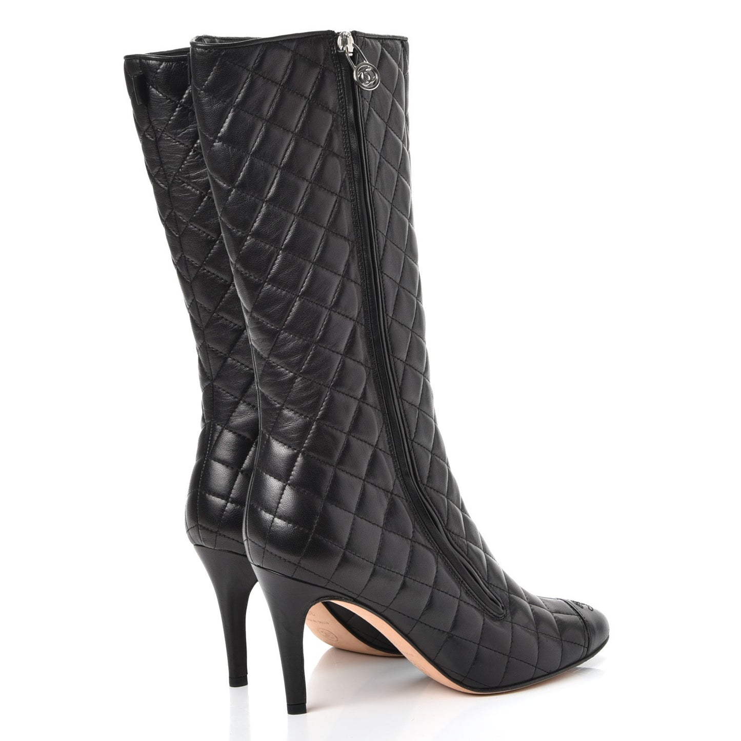 Lambskin Quilted CC Cap Toe Boots 38.5 Black