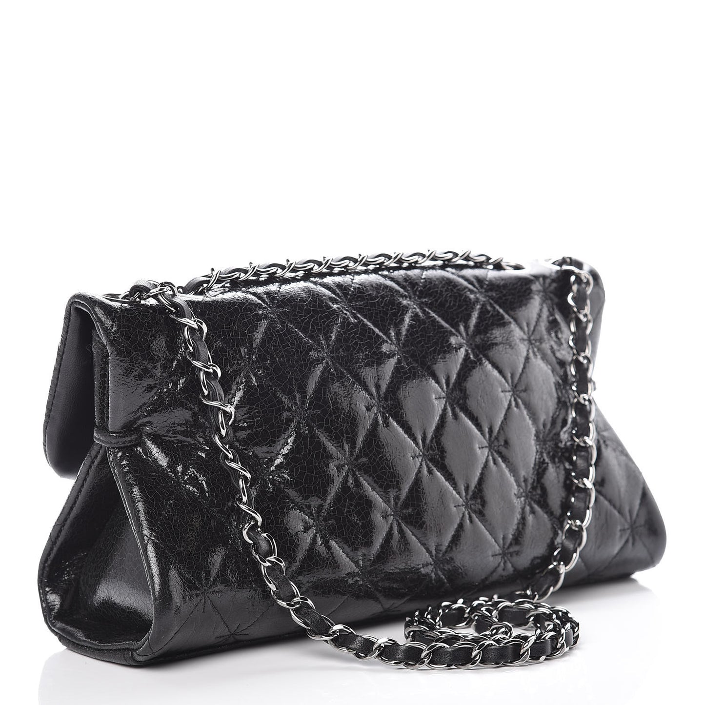 Glazed Crackled Calfskin Quilted Mademoiselle Flap Black