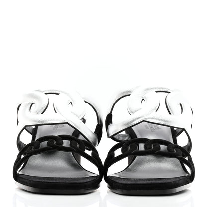 Hermes Metallic Nappa Suede Goatskin Figari 55 Sandals 38 Black Argent 2 of 8
