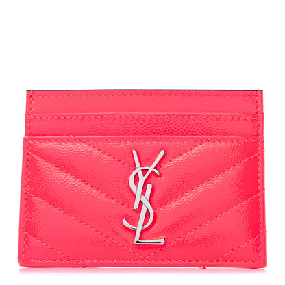 Saint Laurent Grain De Poudre Matelasse Chevron Monogram Credit Card Case Neon Pink 1 of 8
