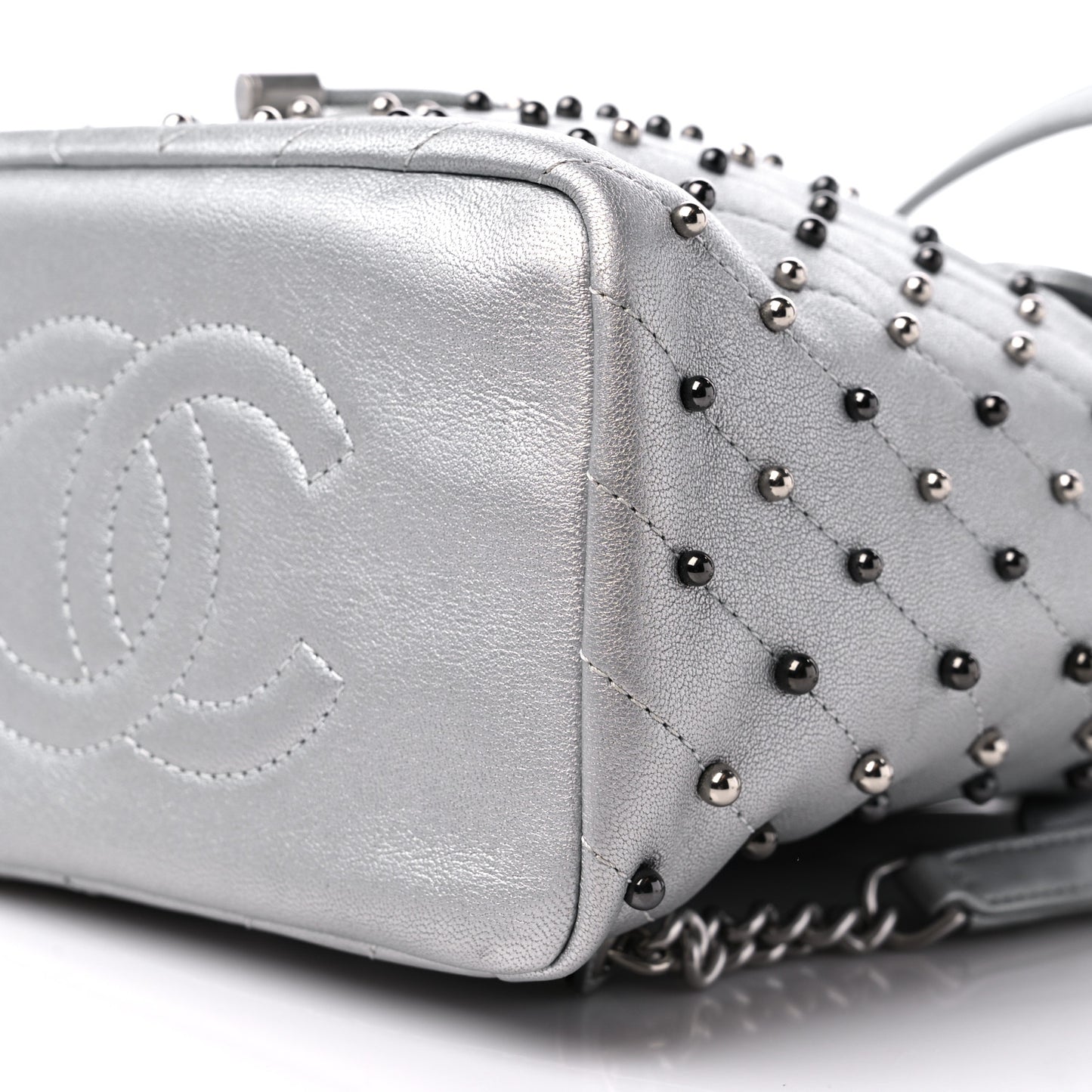 Metallic Lambskin Chevron Quilted Studded Stud Wars Backpack Silver
