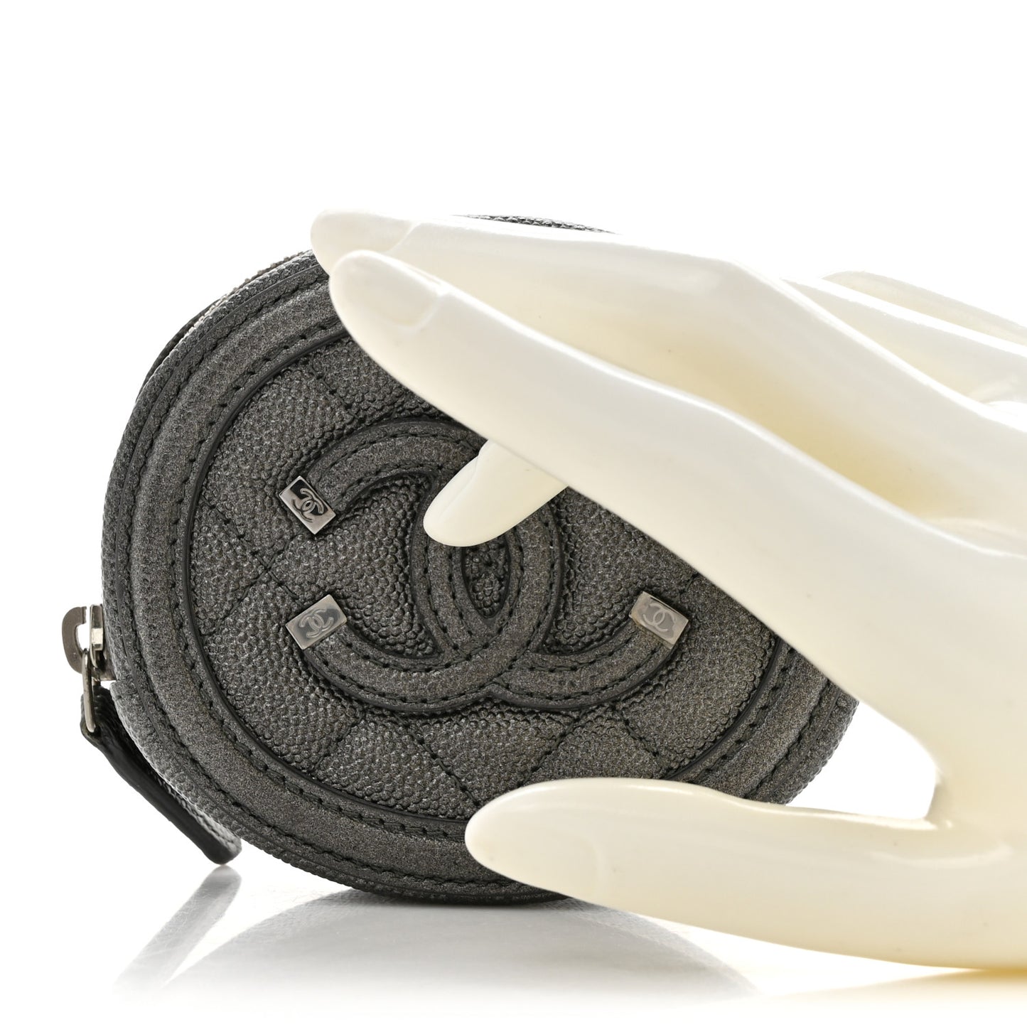 Metallic Caviar Quilted Filigree Zip Around Classic Coin Purse Dark Silver
