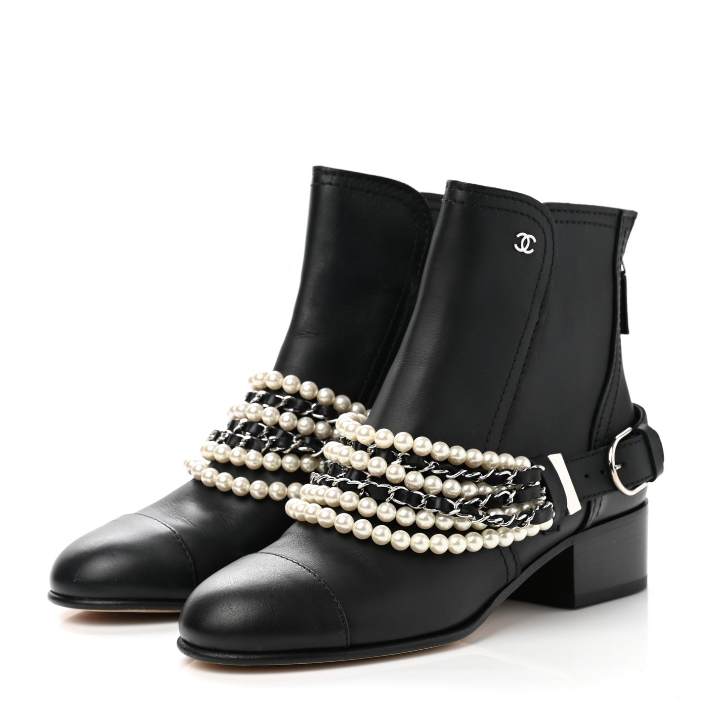 Calfskin Pearl Cap Toe Short Boots 37 Black