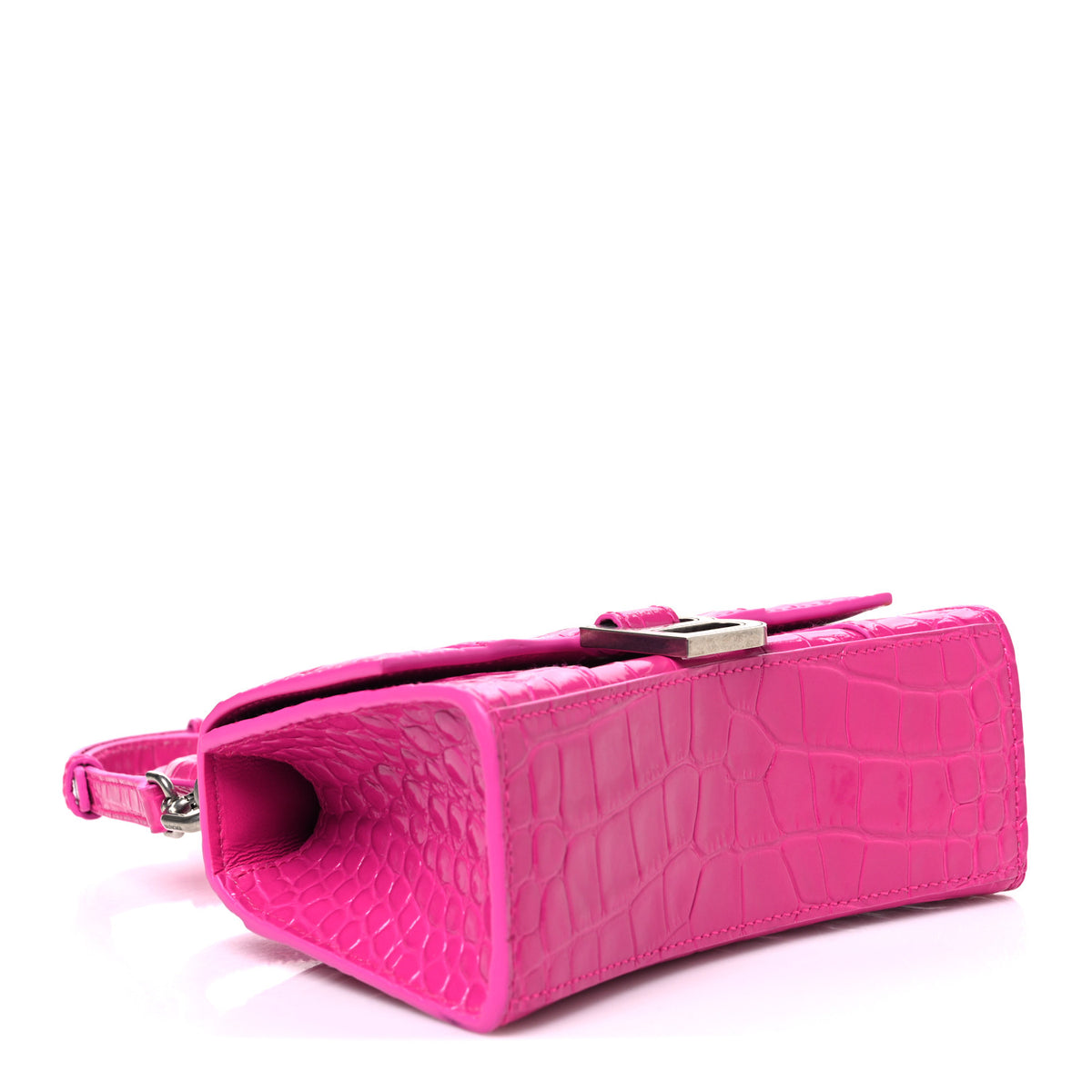 Shiny Calfskin Crocodile Embossed Hourglass Top Handle Bag XS Lipstick Pink