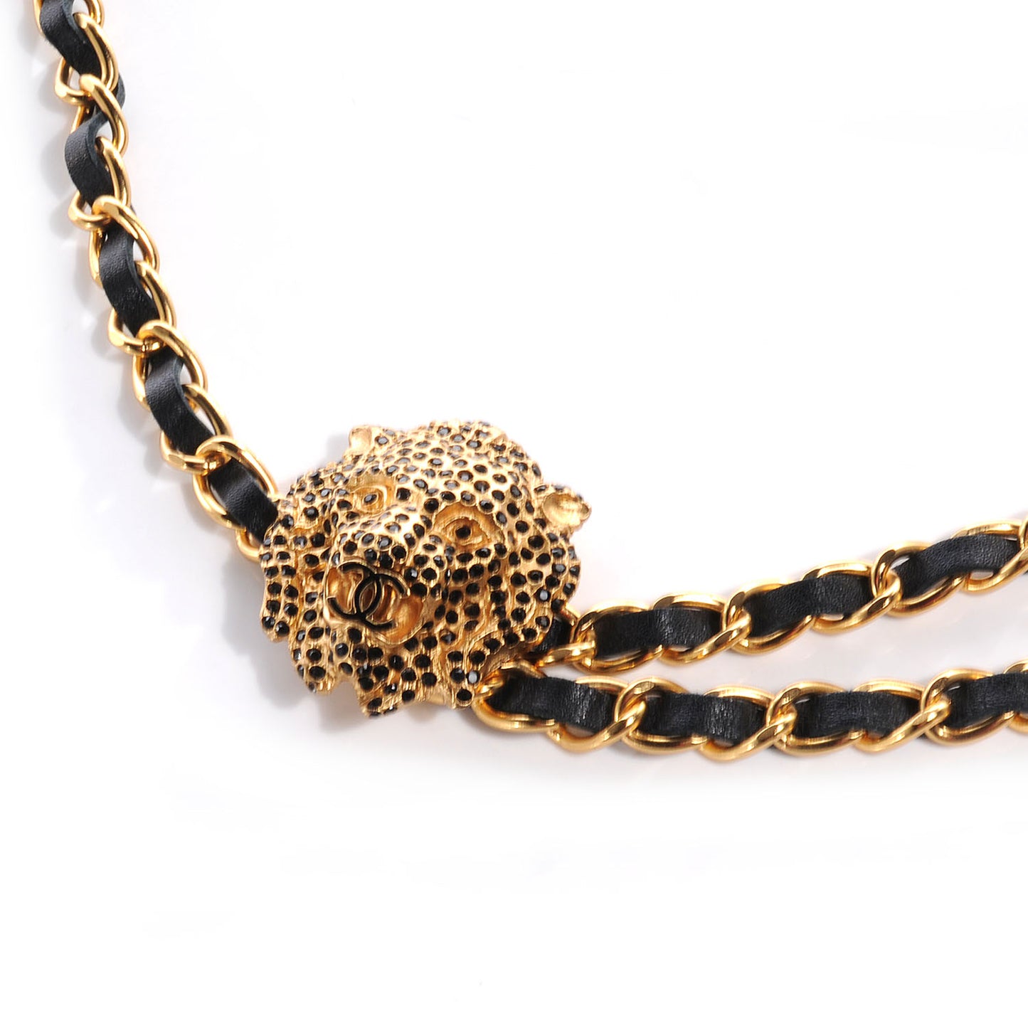 Crystal and Lambskin Lion Chain Belt Gold