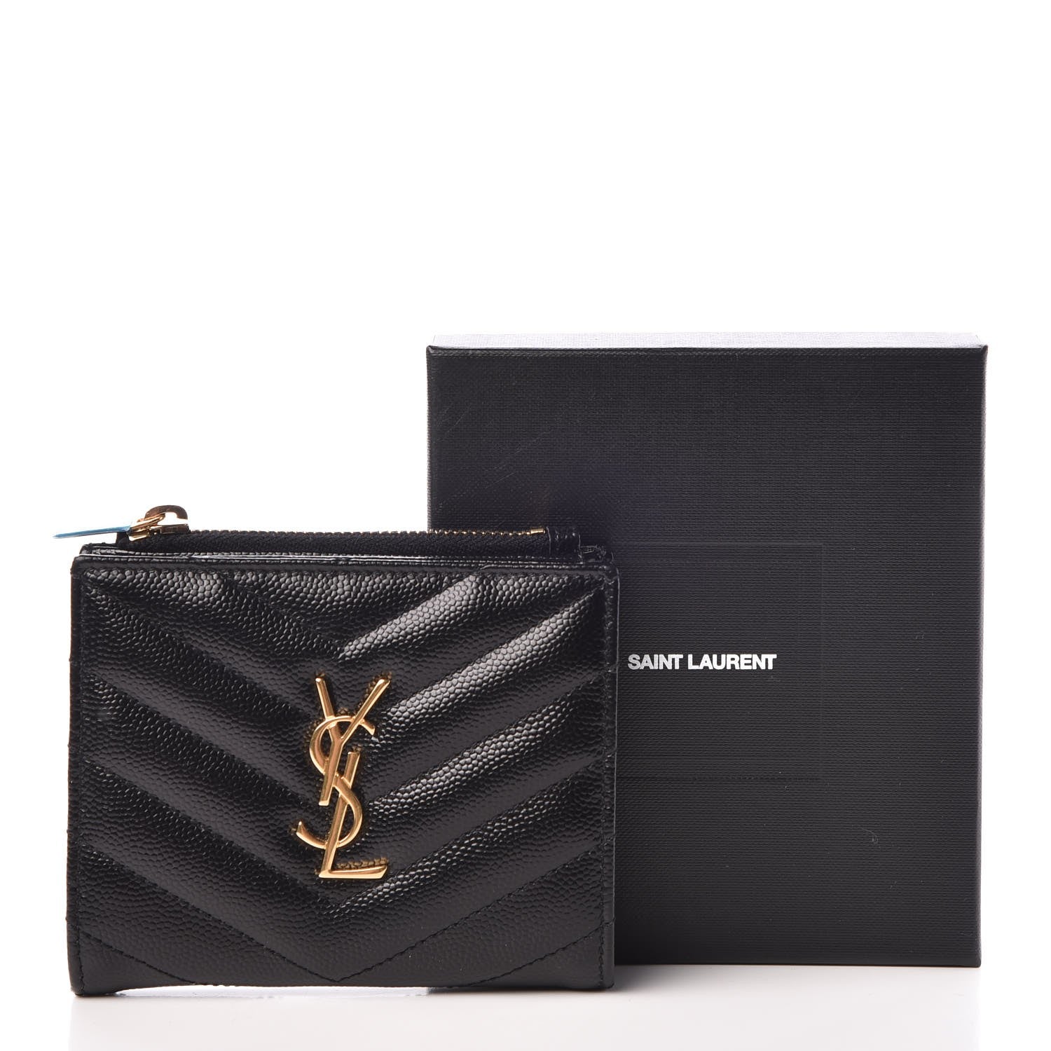 Saint Laurent Grain De Poudre Matelasse Chevron Monogram Zipped Card Case Black 8 of 8