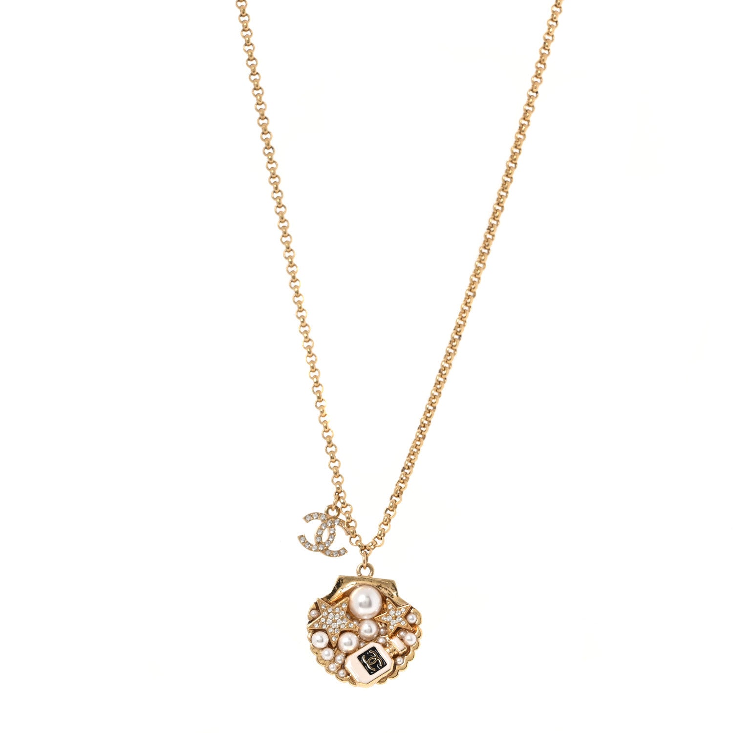 Chanel Metal Pearl Crystal CC Shell Necklace Gold 1 of 5