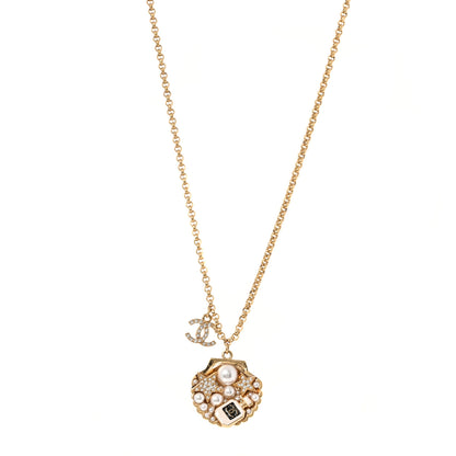 Chanel Metal Pearl Crystal CC Shell Necklace Gold 1 of 5