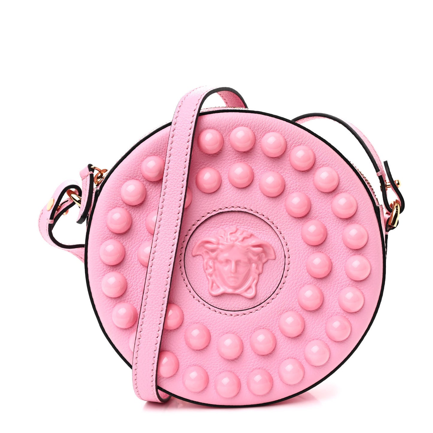 Grained Calfskin Studded Mini La Medusa Round Crossbody Bag Pink