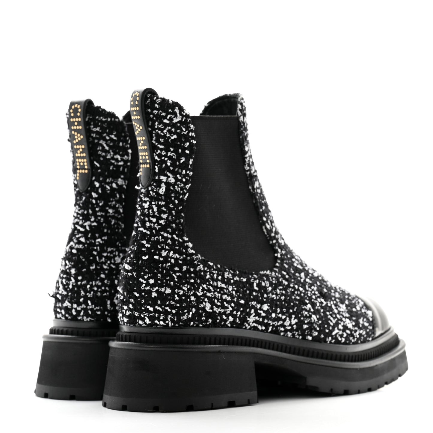 Tweed Patent Cap Toe Quilted Short Boots 39 Black White