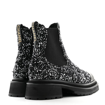 Chanel Tweed Patent Cap Toe Quilted Short Boots 39 Black White 4 of 9