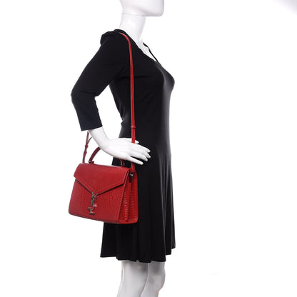 Saint Laurent Calfskin Crocodile Embossed Medium Classic Monogram Cassandra Top Handle Red 2 of 12