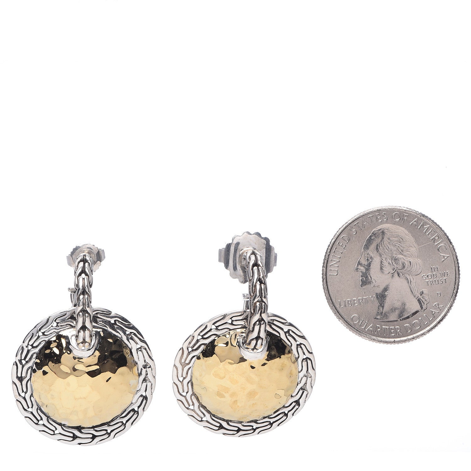 John Hardy Sterling Silver 22K Yellow Gold Hammered Disc Drop Earrings 2 of 6