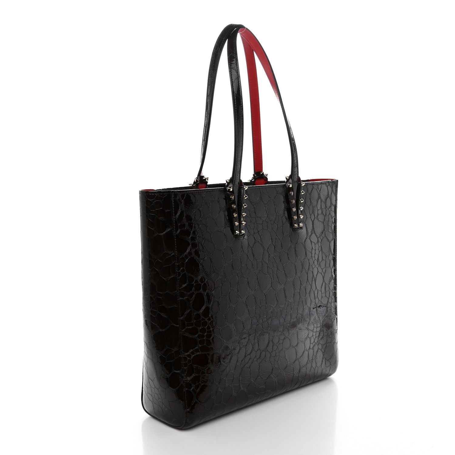 Christian Louboutin Patent Calfskin Crocodile Embossed Spikes Zipped Cabata Tote Brown 3 of 10