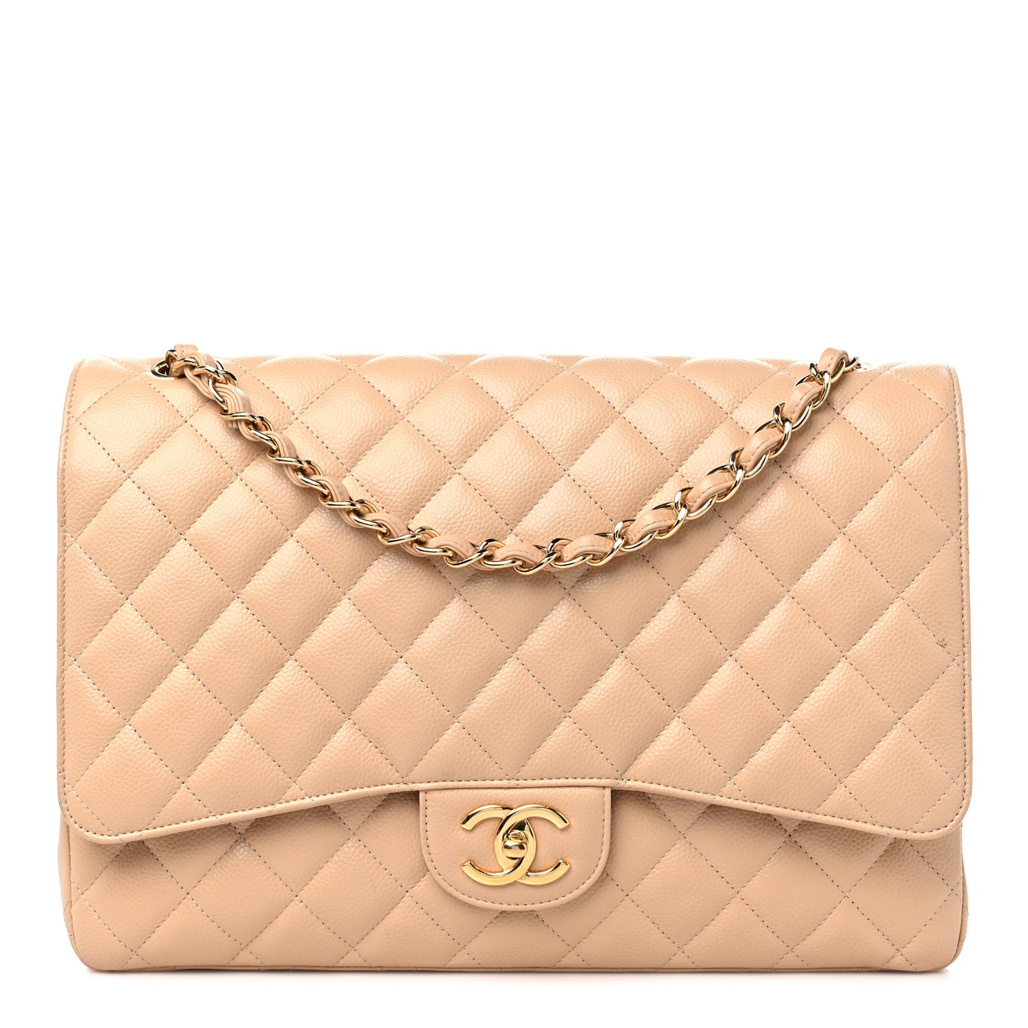 Caviar Quilted Maxi Double Flap Beige
