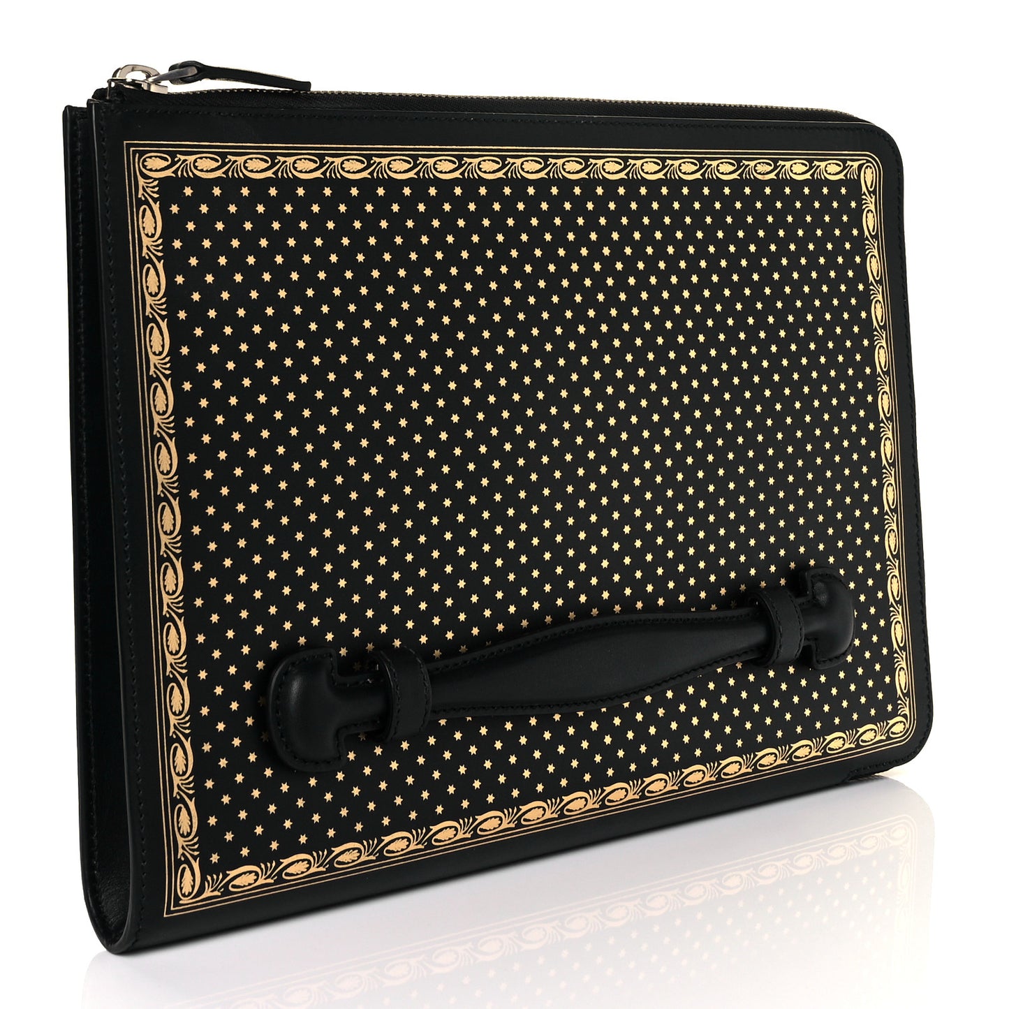 X SEGA Calfskin GUCCY Stars Zip Clutch Bag Black Gold