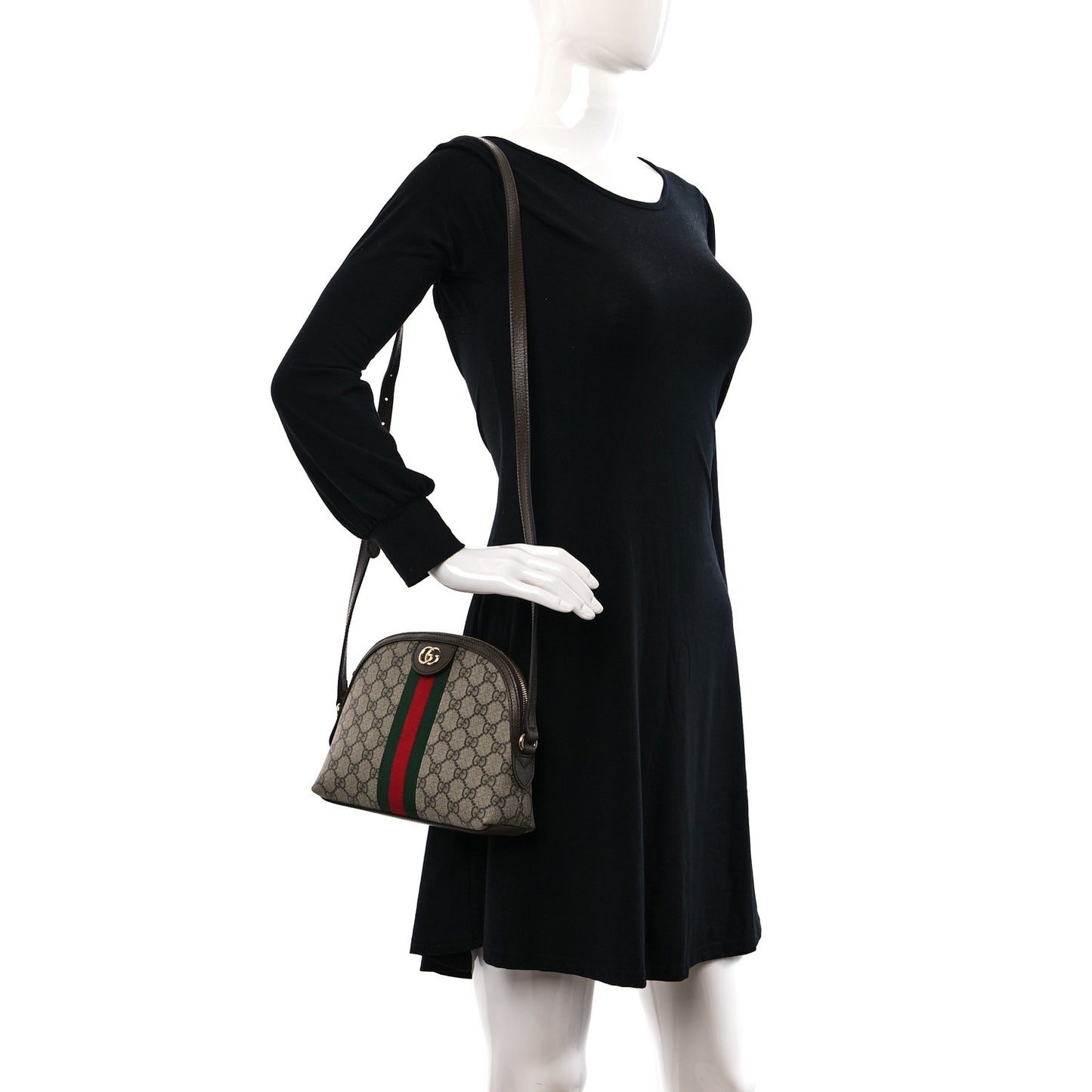 GG Supreme Monogram Textured Dollar Calfskin Web Small Ophidia Dome Shoulder Bag Beige Ebony New Acero