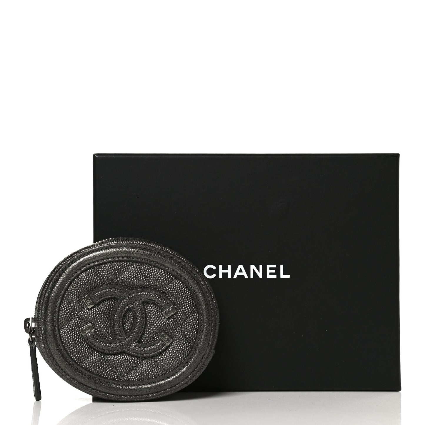 Metallic Caviar Quilted Filigree Zip Around Classic Coin Purse Dark Silver