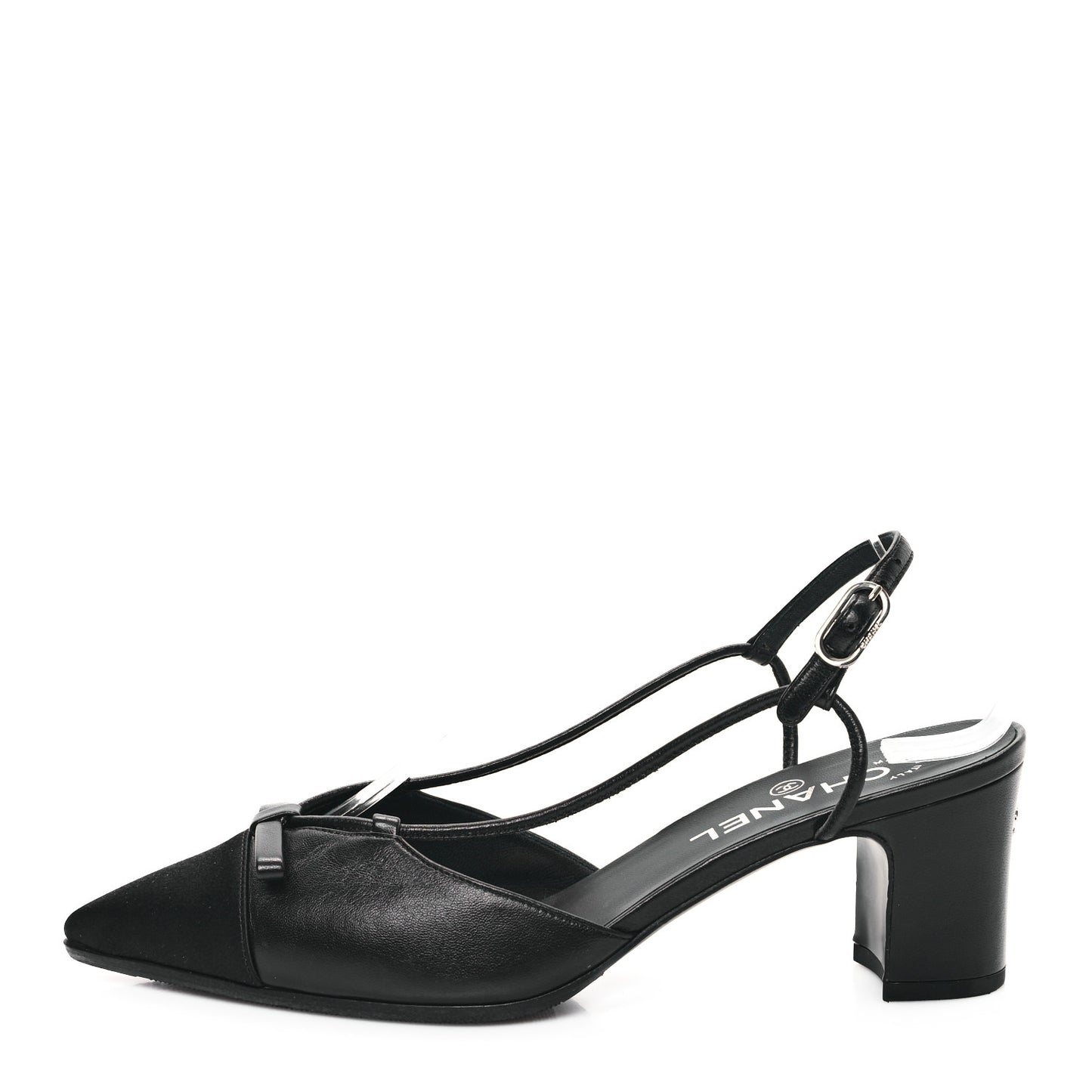 Lambskin Satin Slingback Cap Toe Bow Pumps 38.5 Black