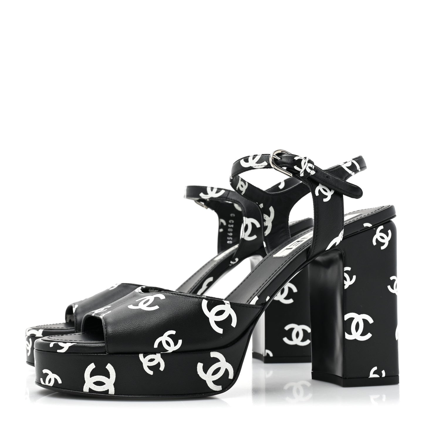 Printed Lambskin CC Platform Sandals 39.5 Black White