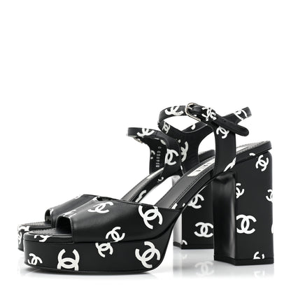 Chanel Printed Lambskin CC Platform Sandals 39.5 Black White 3 of 9