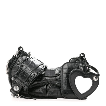 Balenciaga Extra Supple Calfskin Crystal Crocodile Embossed Le Cagole Shoulder Bag XS Black 3 of 11