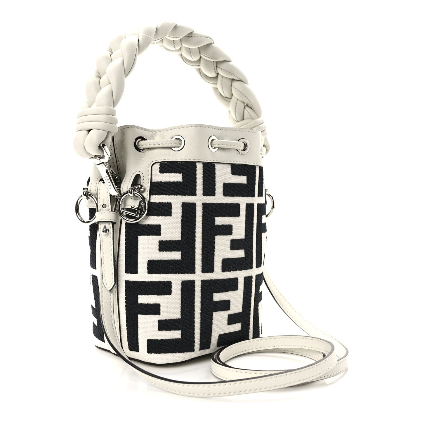 Canvas Nappa F is Fendi FF Embroidered Mini Mon Tresor Bucket Bag White Black