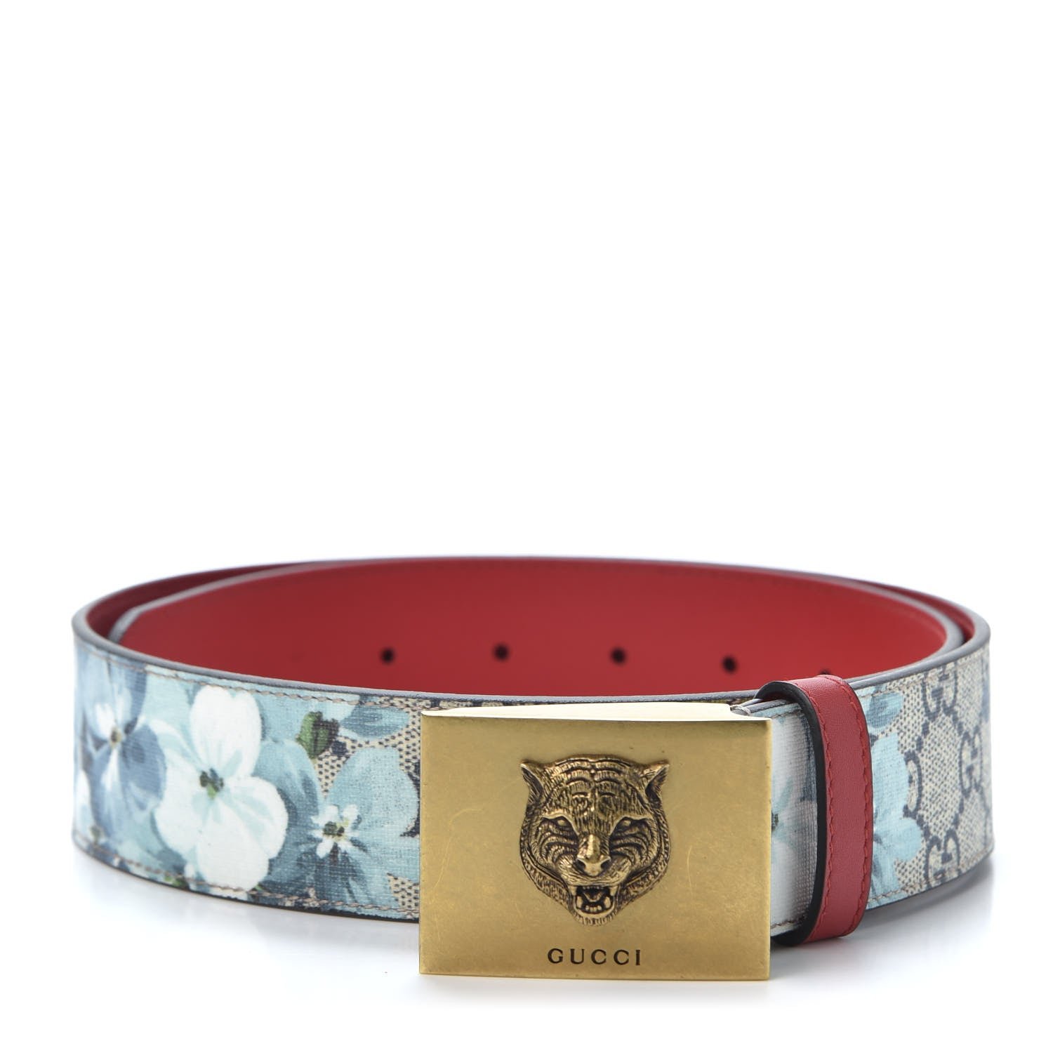 Gucci GG Plus Monogram Blooms Plaque Belt 80 32 Blue 1 of 4