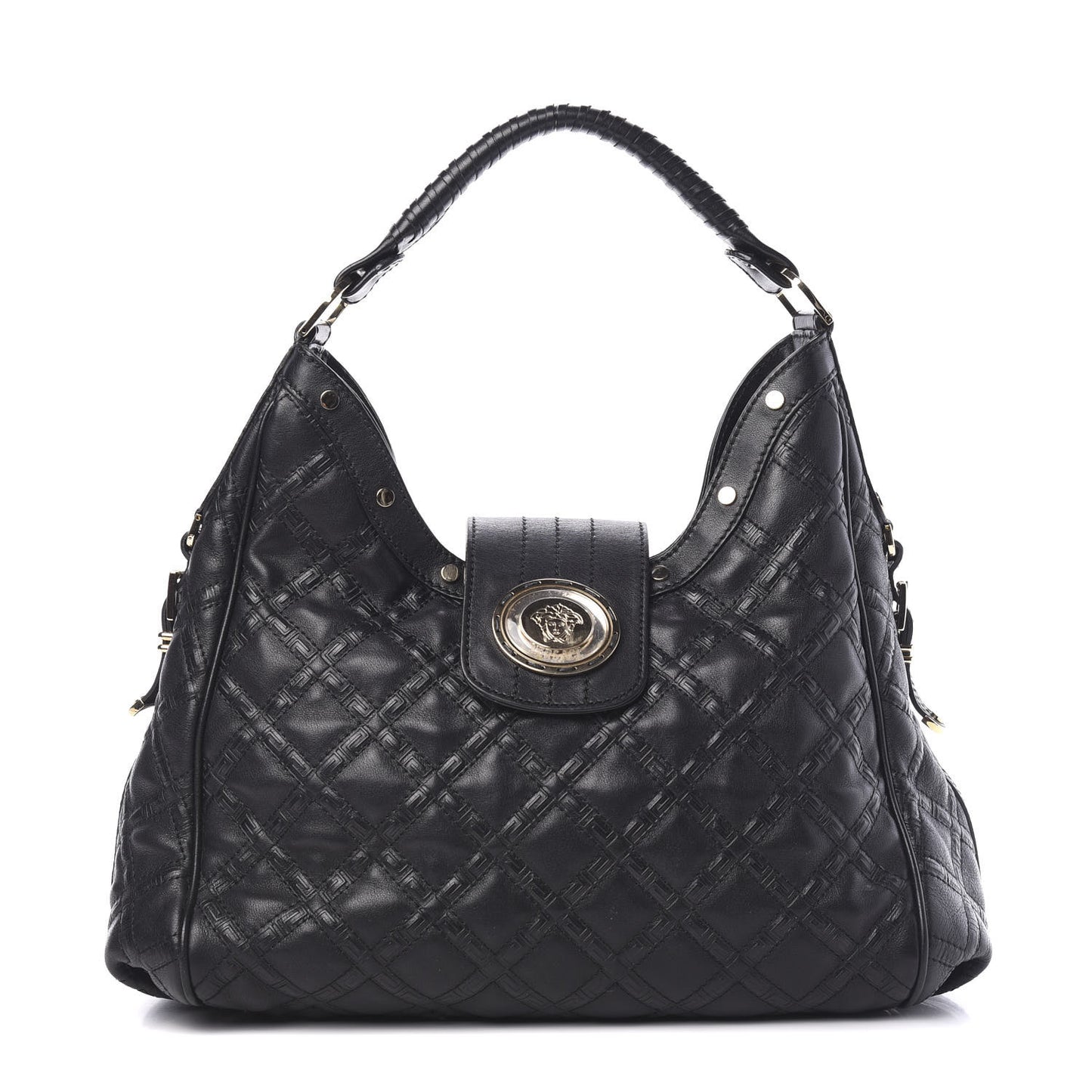 Calfskin Greca Argyle Embossed Medusa Hobo Black