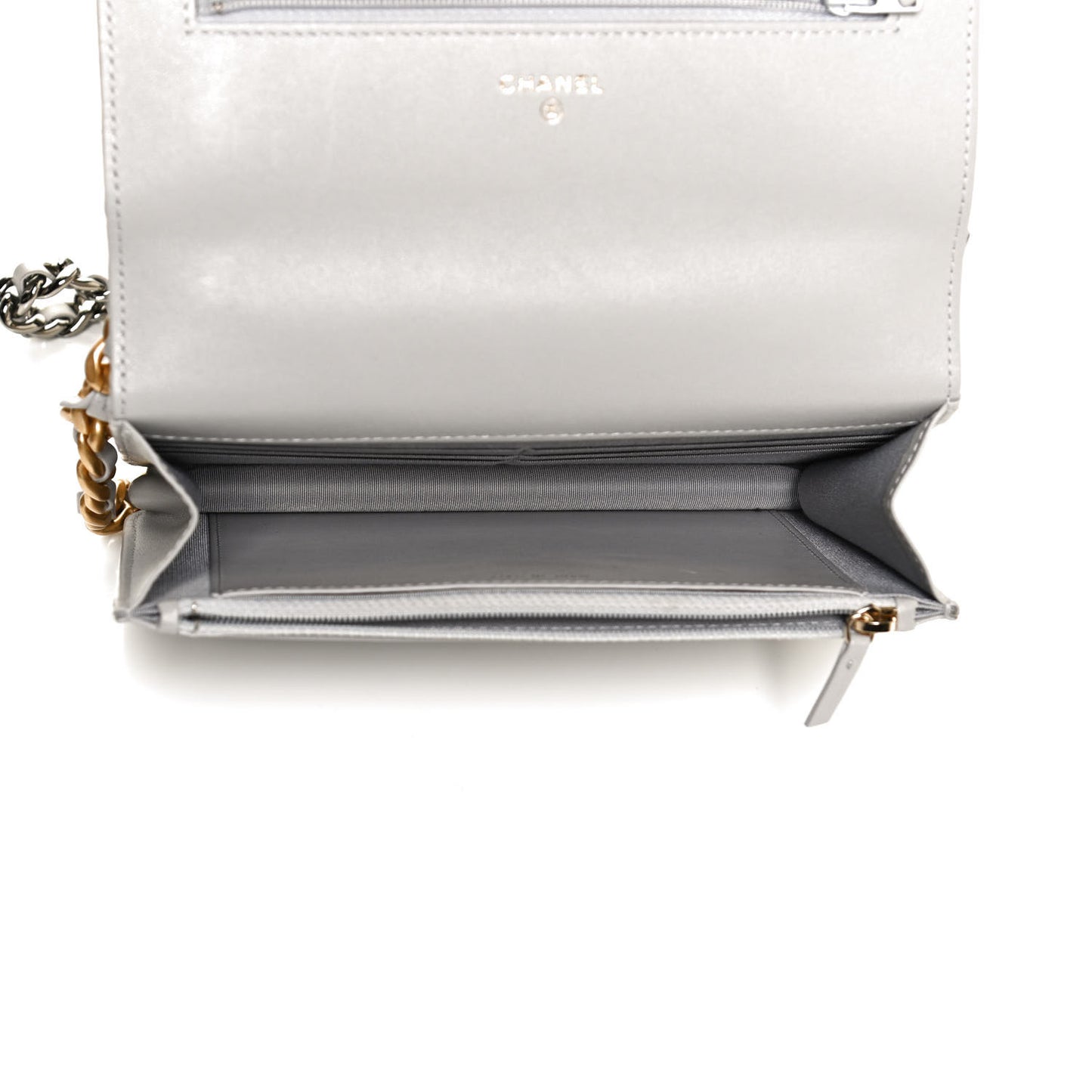 Lambskin Quilted Chanel 19 Wallet On Chain WOC Grey