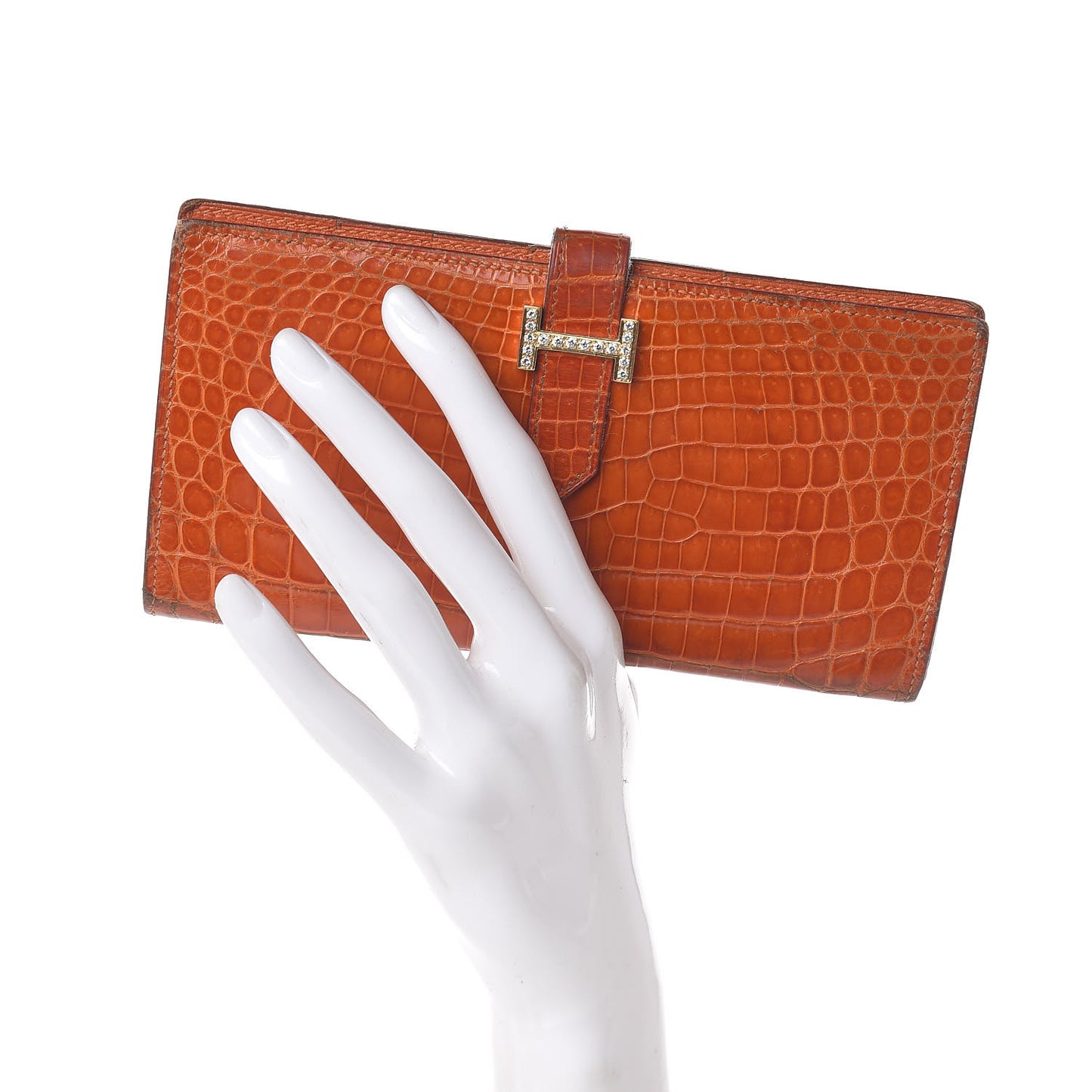 Shiny Niloticus Crocodile 18K Gold Diamond Bearn Wallet Orange