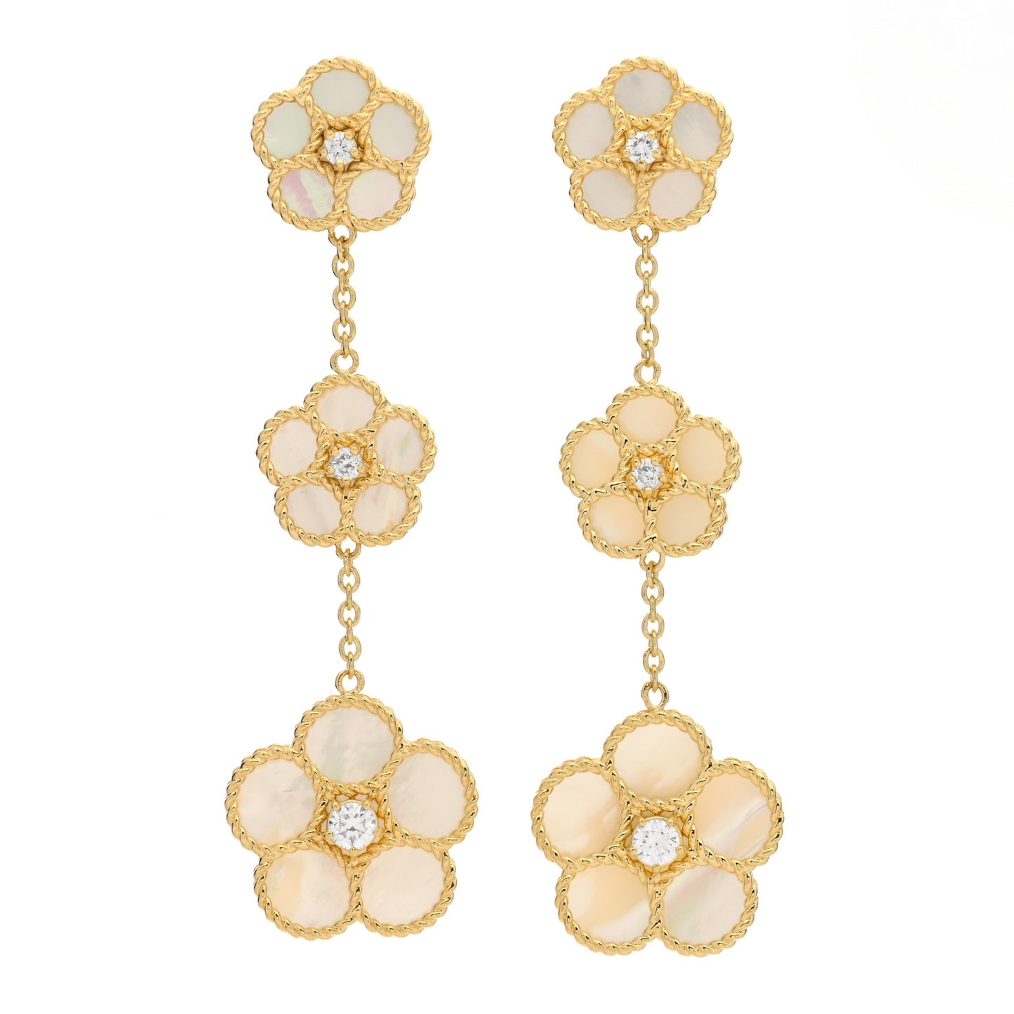 18K Yellow Gold Mother of Pearl Diamond Daisy Drop Earrings