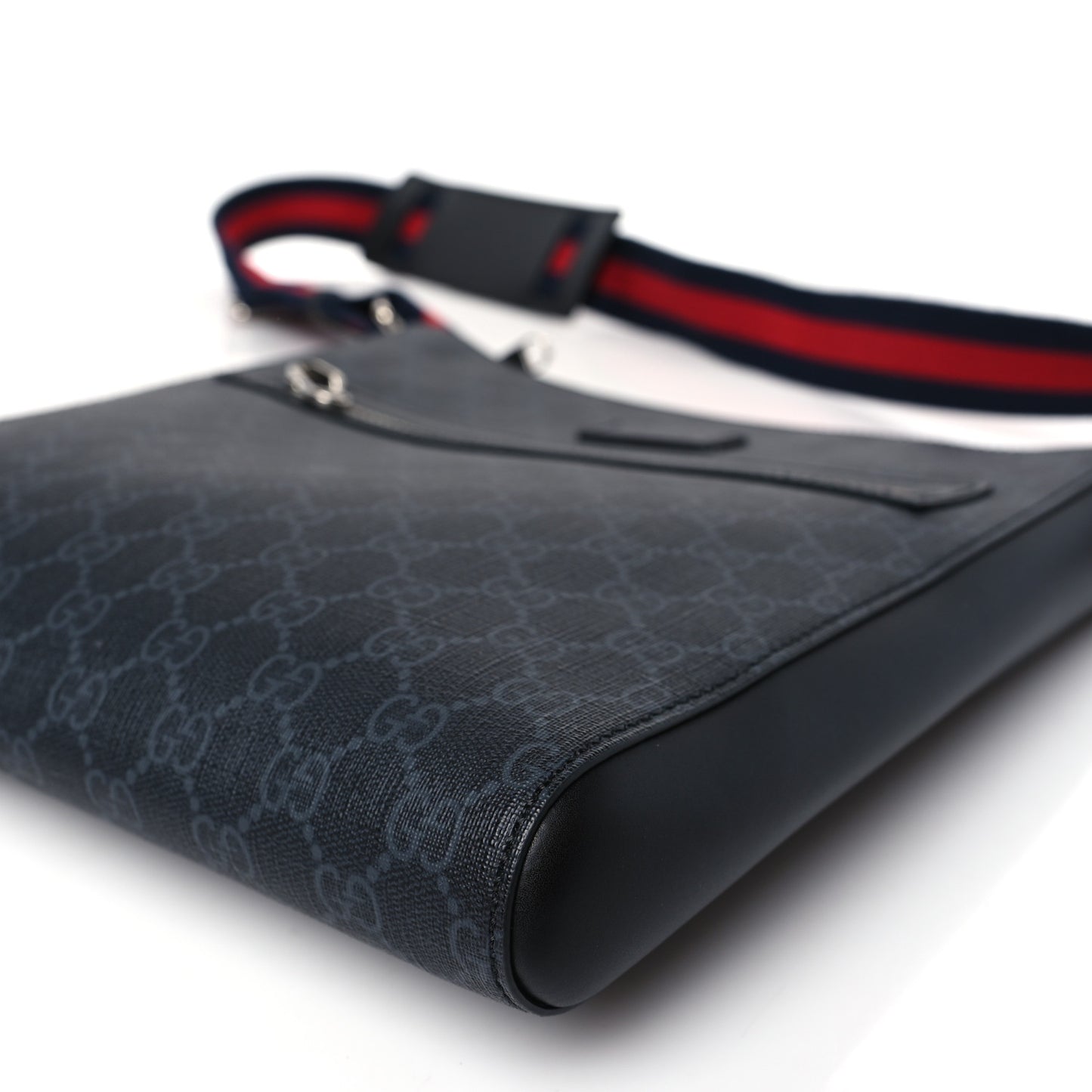 GG Supreme Monogram Appia Calfskin Web Flat Messenger Bag Black Grey