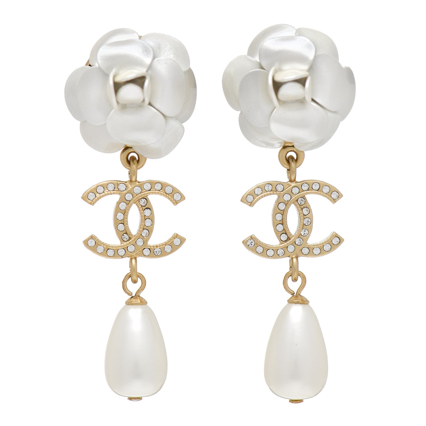 Metal Crystal Pearl 90s Camellia CC Drop Earrings Gold